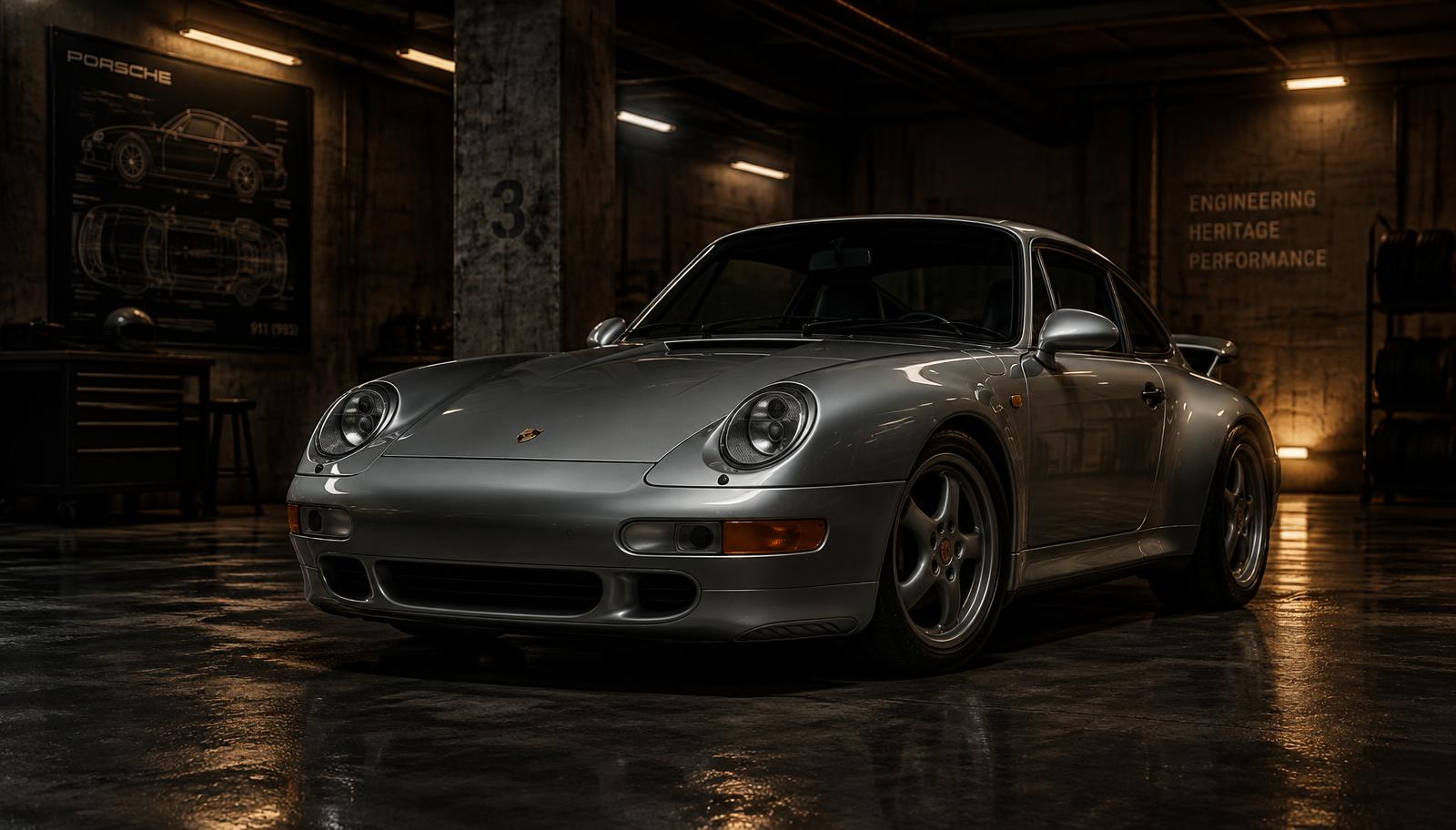 Silver Porsche 911 993 in a dimly lit workshop